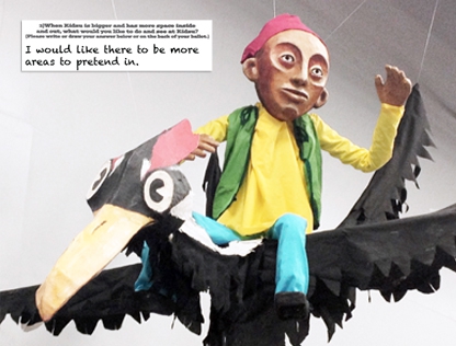 A giant marionnette created by Paperhand Puppet Intervention looks poised to take flight, powered by kids’ imaginations.